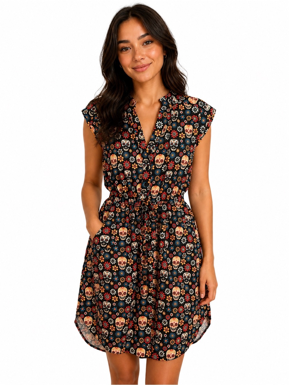 Sleeveless Black “Day of the Dead” Skull and Floral Print Elastic Waist Dress